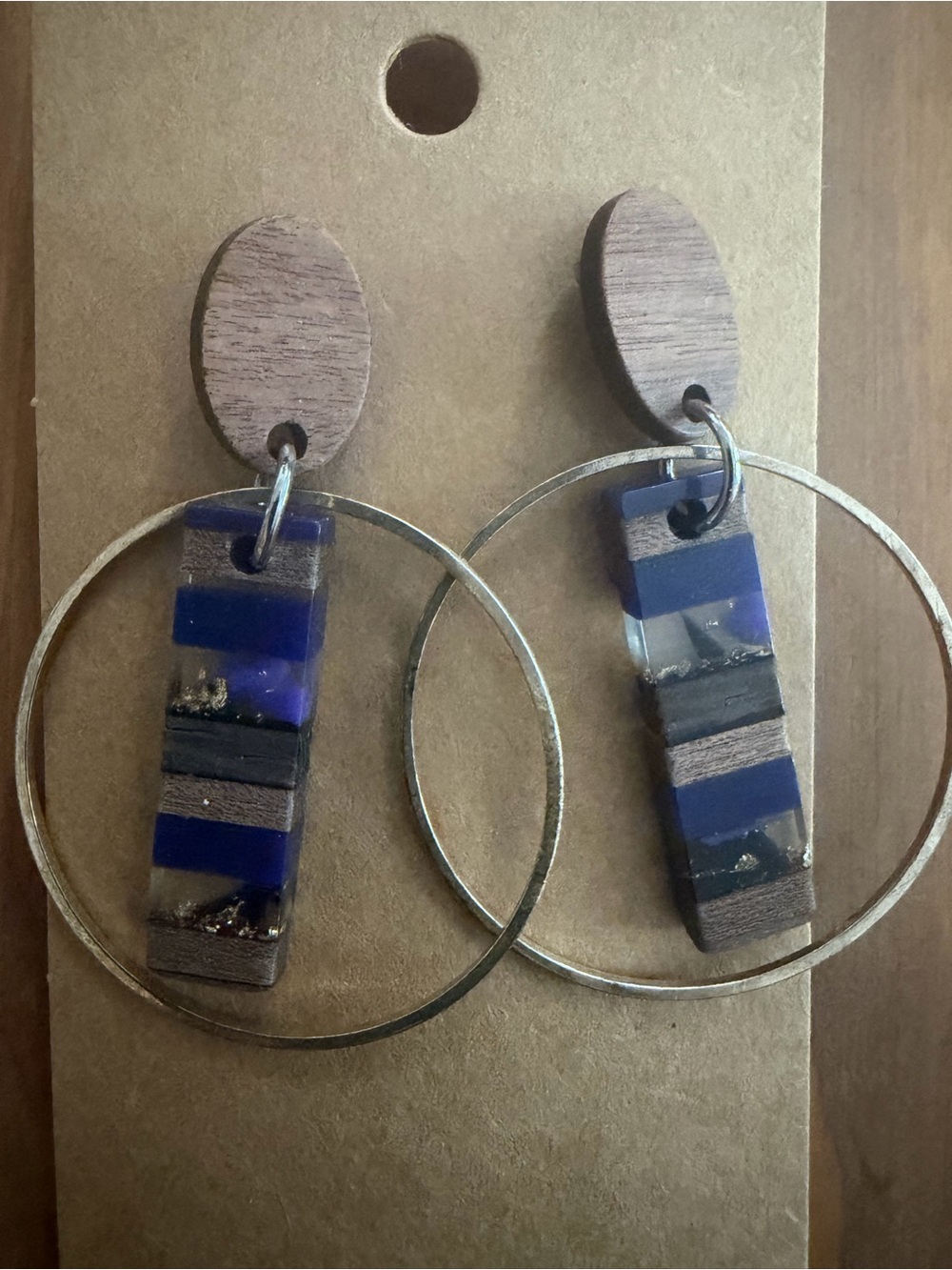 Blue Striped Wood & Resin Hoop Lightweight Earrings
